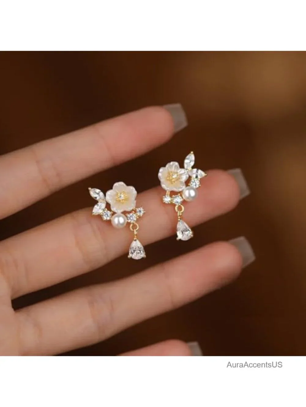 Gold Tone Flower Pearl Drop Earrings Sparkly CZ Dangle Wedding Jewelry